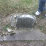 A figure stands next to a tombstone, with lush grass surrounding them in a peaceful graveyard.